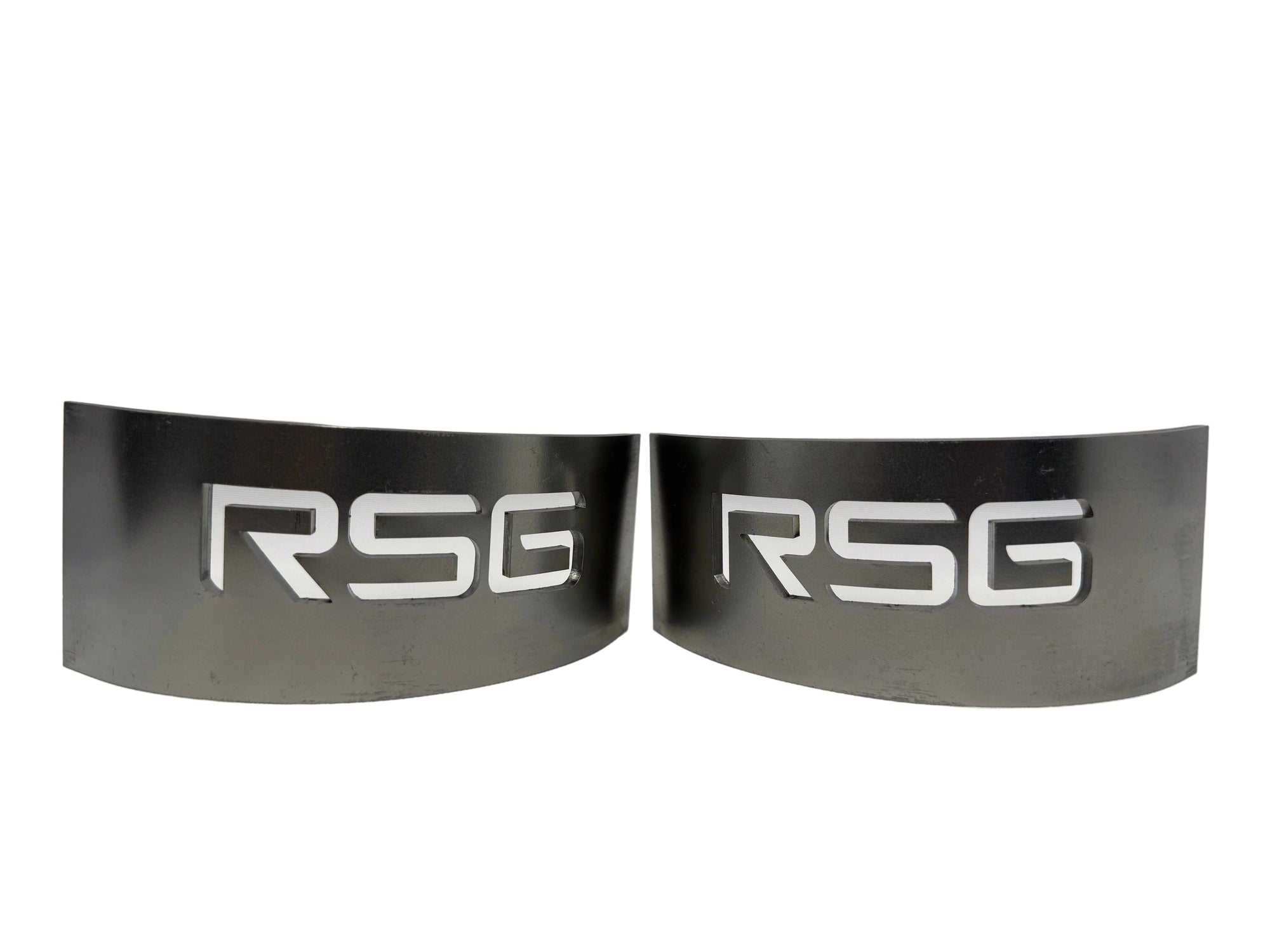 Two black metal body mount chop kit pieces with the brand 'RSG' cut out and visible on a light background.