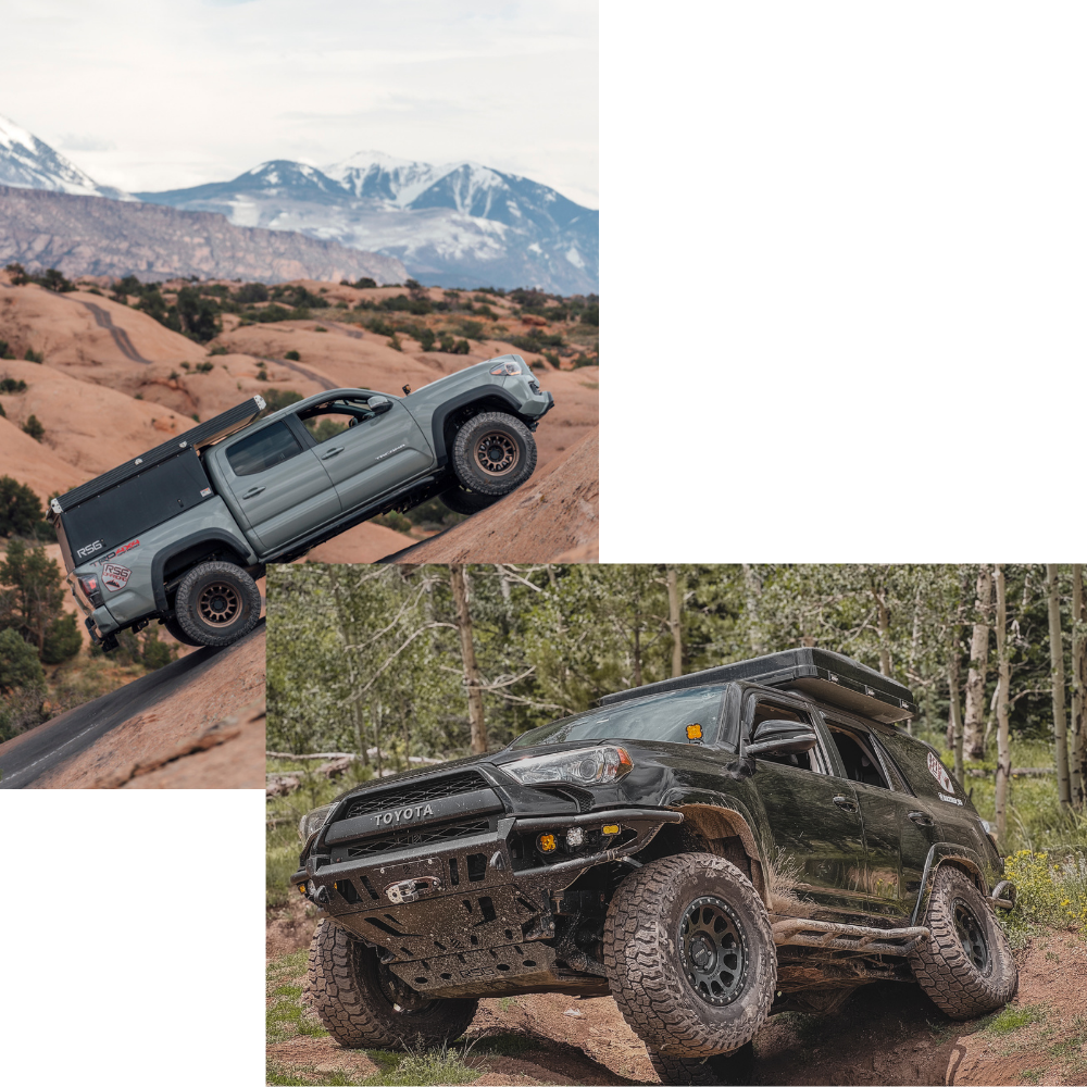 Collage of Toyota trucks in various off-road settings with mountains and forest backgrounds.